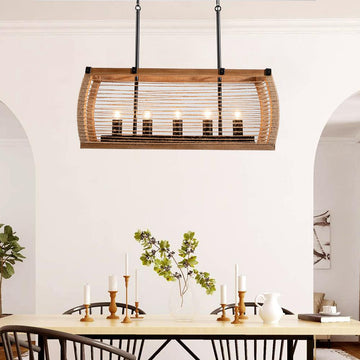 Rustic 5-Light Kitchen Island Linear Rectangle Pendant Light Wood Washed & Jute Rope